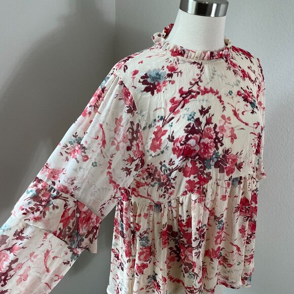 Sundance Womens Large Sheer Floral Peplum Top Ruffle Detail Long Sleeve Blouse - Picture 2 of 12